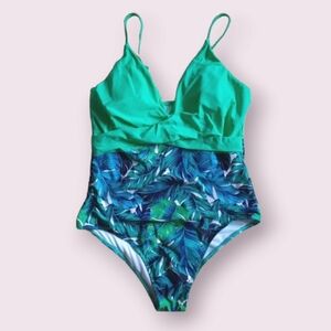 NWT Teal tropical print one piece swimsuit, L